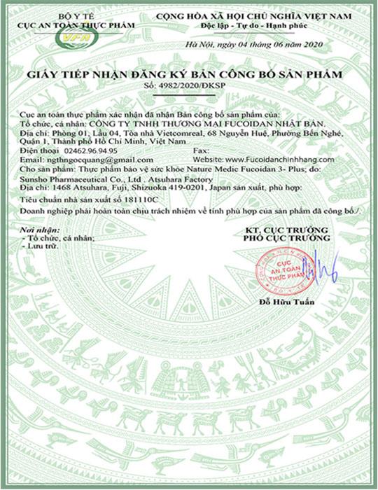 Giấy công bố sản phẩm Fucoidan 3 Plus